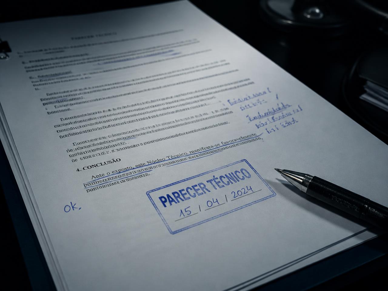 Parecer técnico impresso com anotações e carimbo, revisado sobre mesa escura